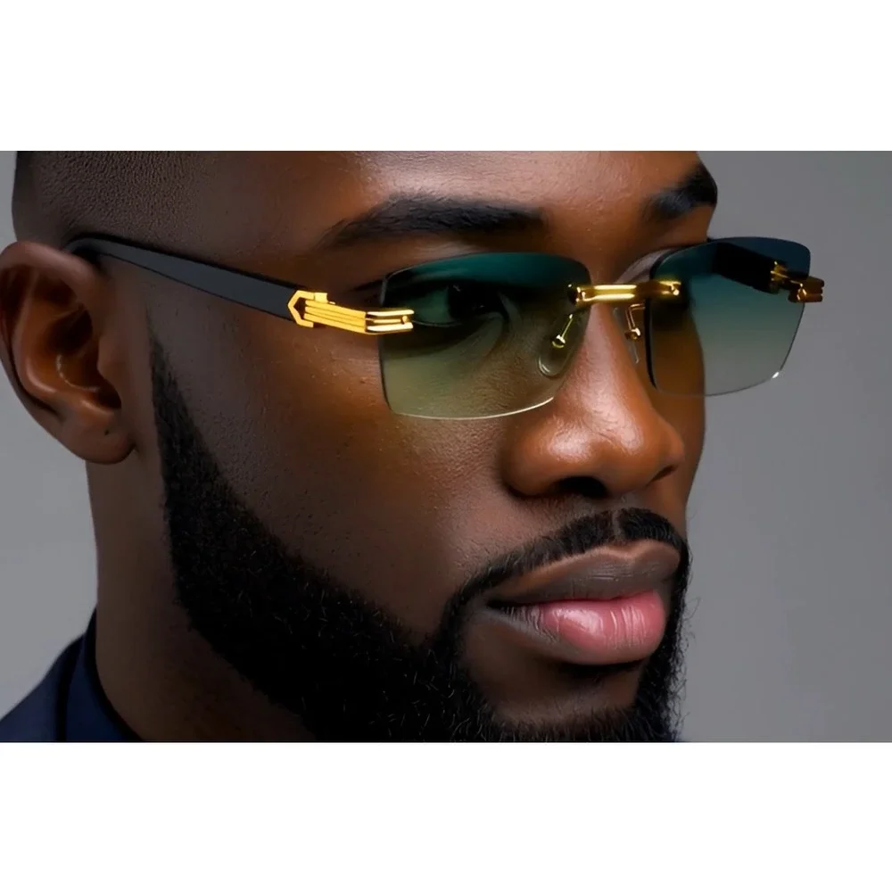 Frameless Rectangle Sunglasses Green Lens Gold Mens Fashion Shades Casual Lentes